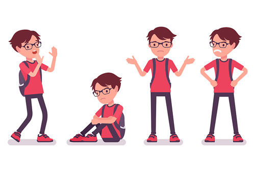 وکتور Eps پسر دانشجو در حالت های ایستاده و نشسته لایه باز و قابل ویرایش